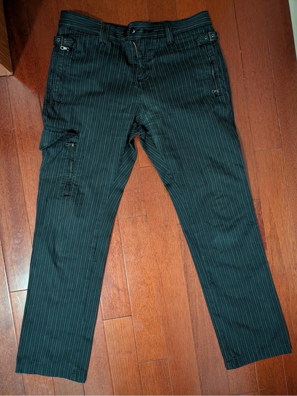 Men's Black Pinstripe Cargo Pants with Utility Pockets